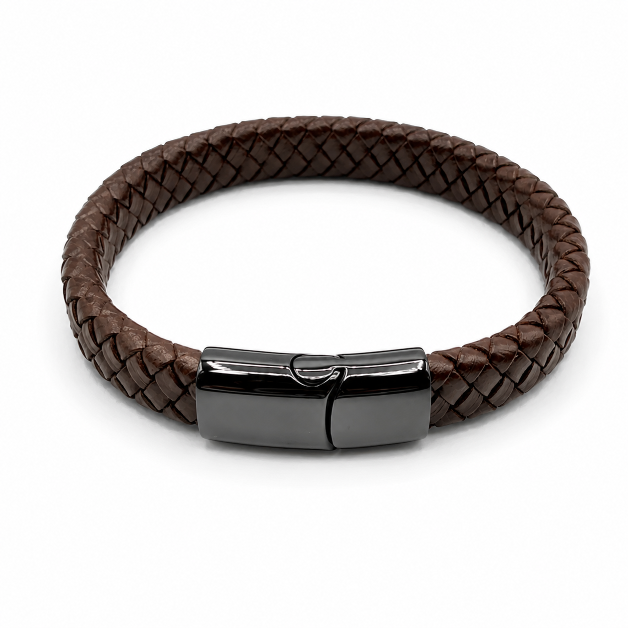 Men’s 12mm Braided Leather Bracelet – Dark Brown – Black Stainless Steel Clasp