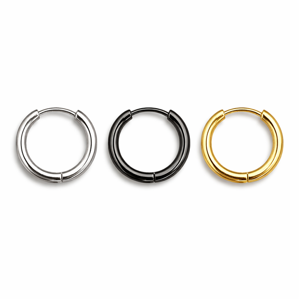 12mm Hinged Hoop Earrings, Stainless Steel, Silver, Black or Gold