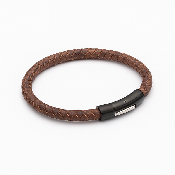 Braided Leather Bracelet with Black IP Clasp