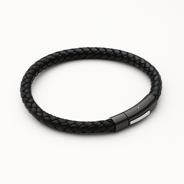 Braided Leather Bracelet with Black IP Clasp