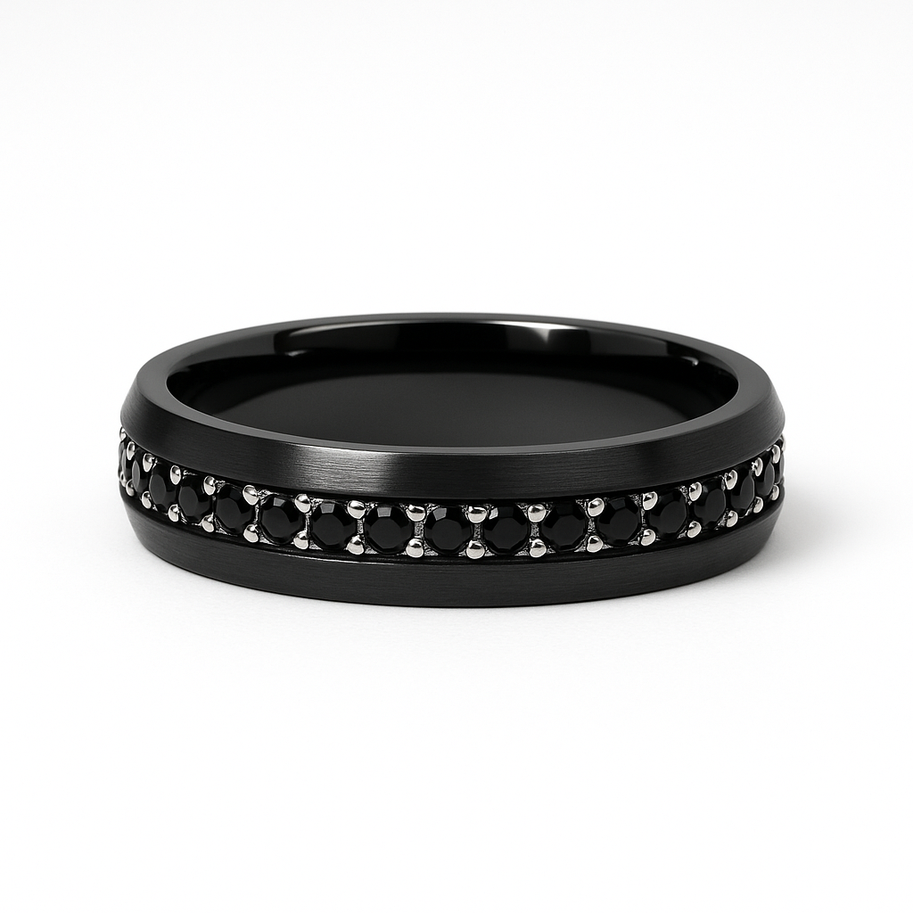 Black Zirconium Ring with Silver Chain & CZ Inlay