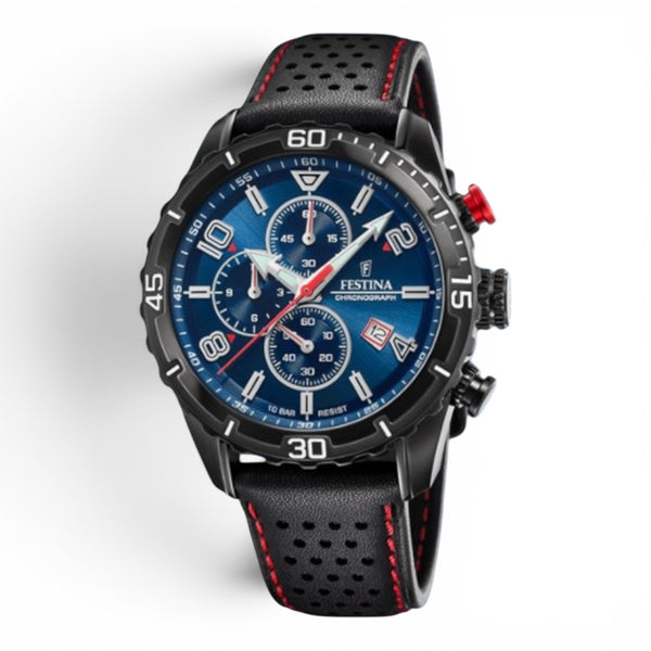 Festina watch with black strap and blue dial on a white background
