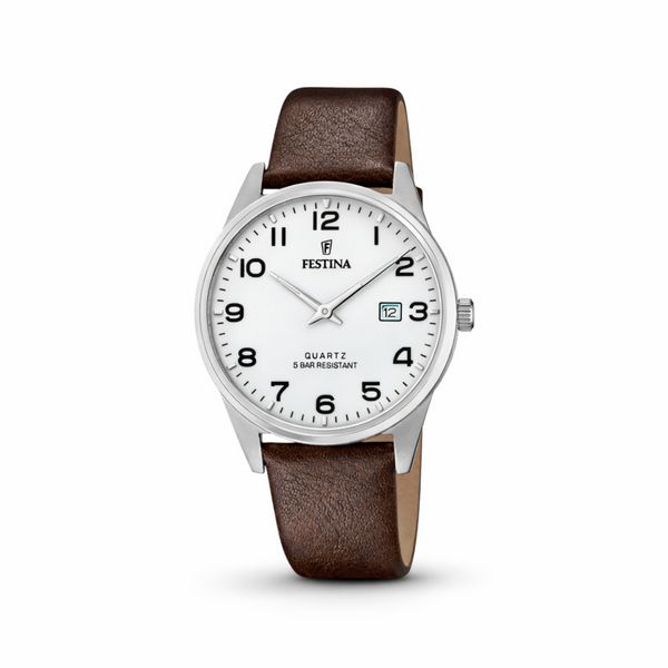 Festina watch with brown leather strap and white dial on a white background