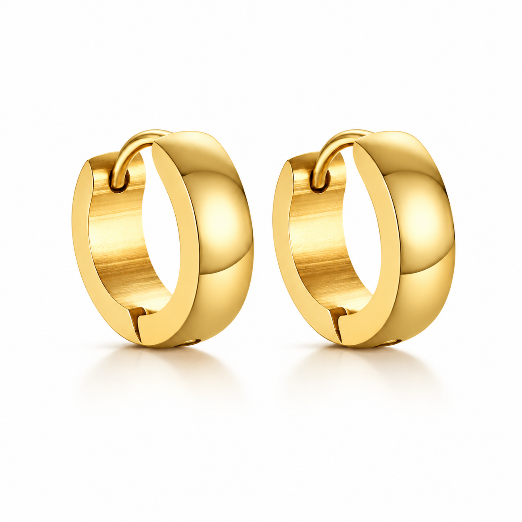 Pair of polished gold tone stainless steel huggie hoop earrings with a chunky 3.5mm wide band and 12.5mm outer diameter, shown on a white background.