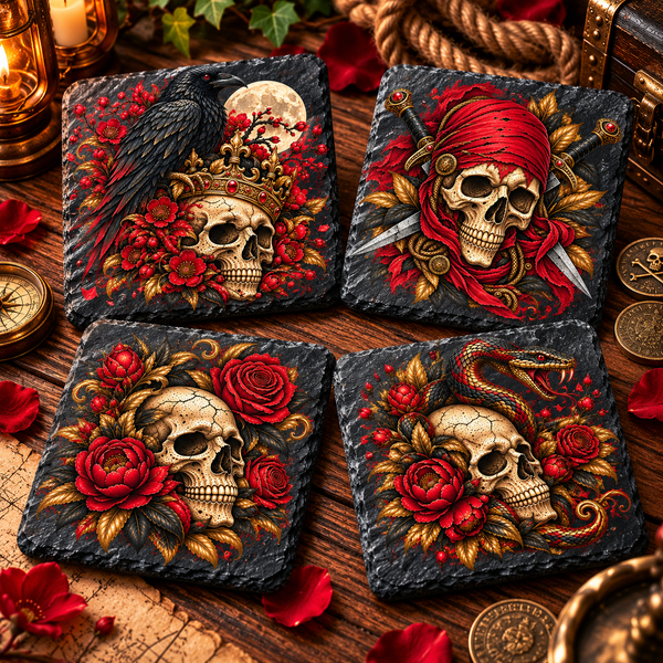 Four gothic skull slate coasters featuring raven, pirate, red rose and serpent designs, displayed together in a dark atmospheric setting.