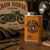 Iron Horse beard oil 50ml on wooden workbench with vintage motorcycle and tools