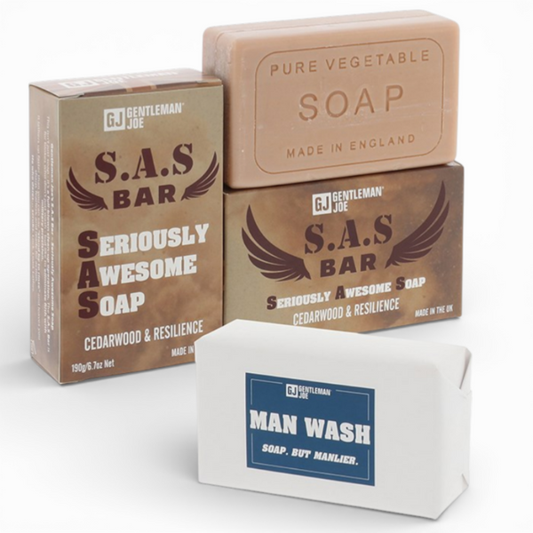 Gentlemen Joe S.A.S Bar Soap with opened box and soap bar displayed on white background