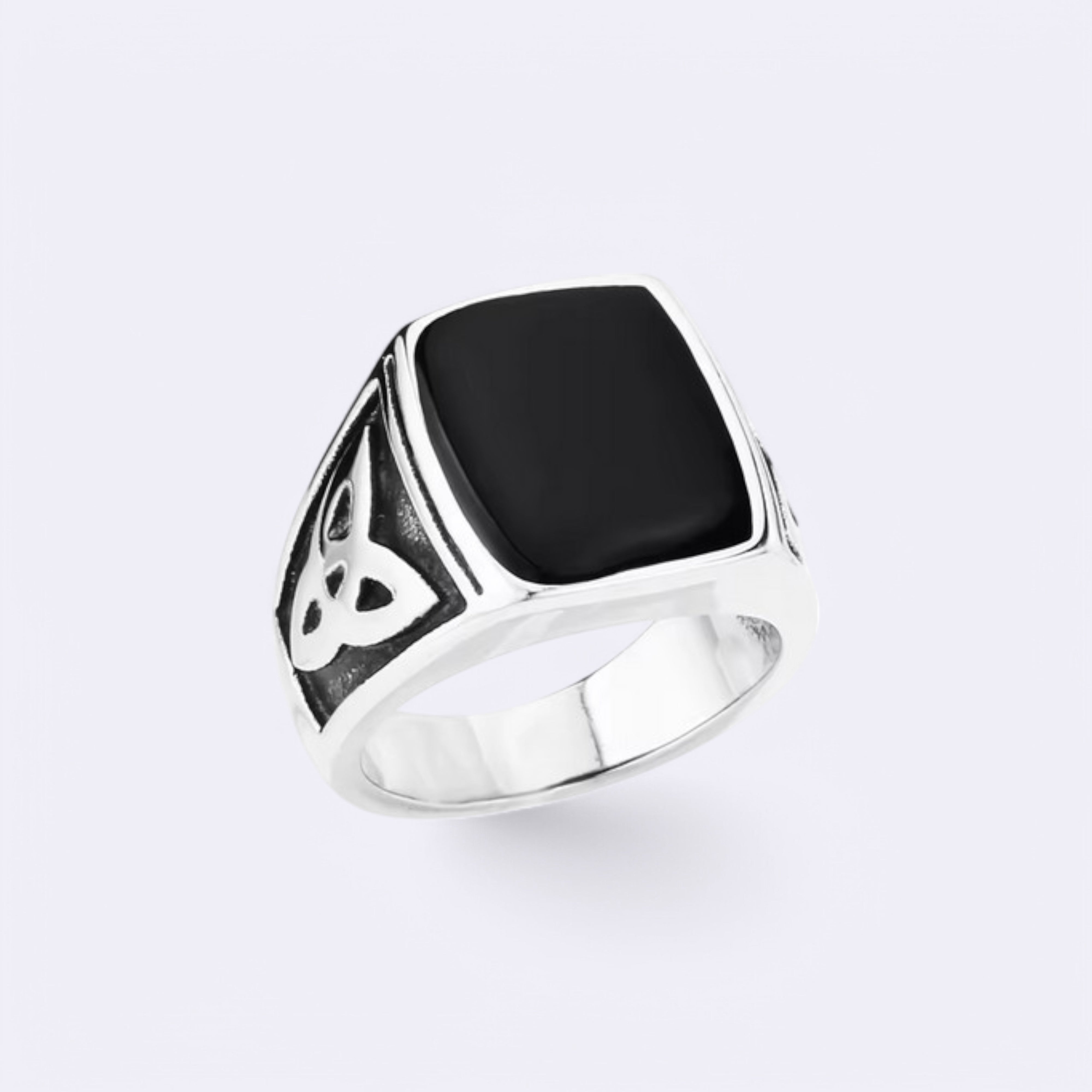 Men’s Stainless Steel Valknut Signet Ring with Black Inlay