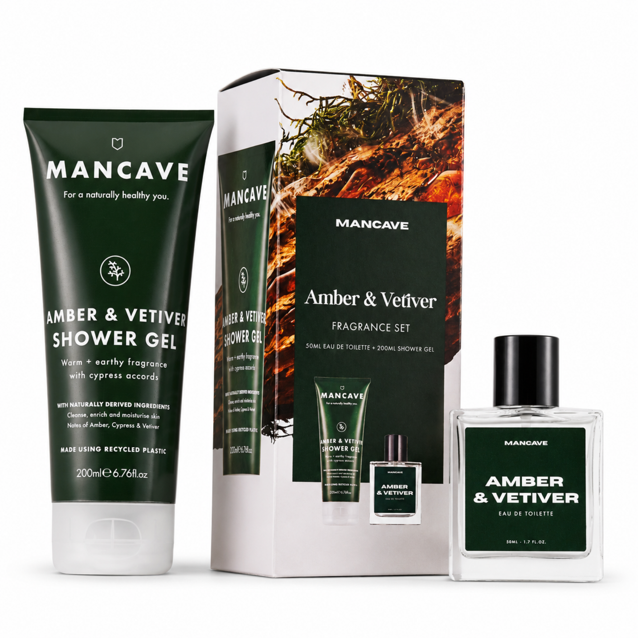 ManCave Amber & Vetiver Shower Gel and Eau de Toilette Gift Set with presentation box on a white background.