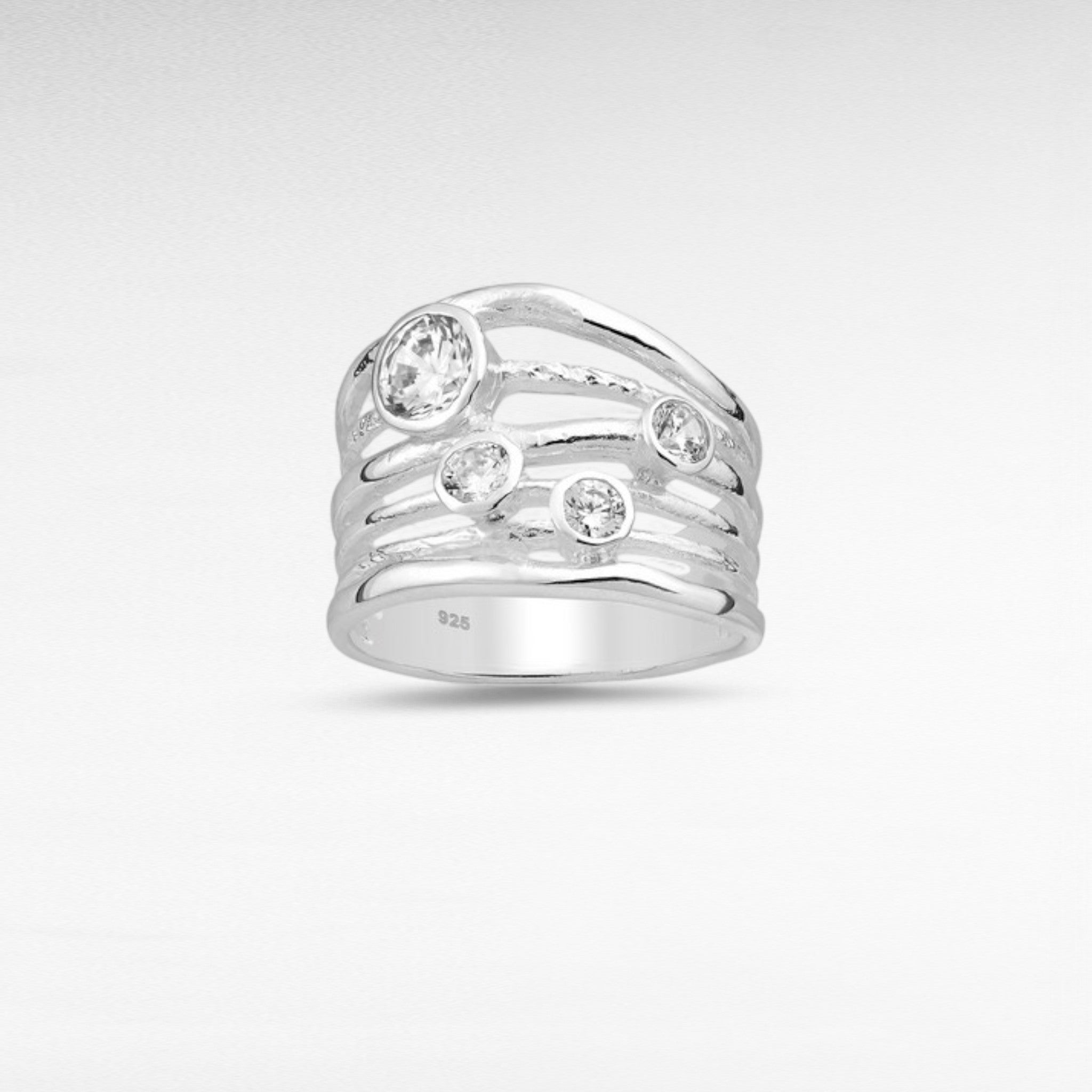 Sterling Silver Layered Ring Decorated with CZ Diamonds