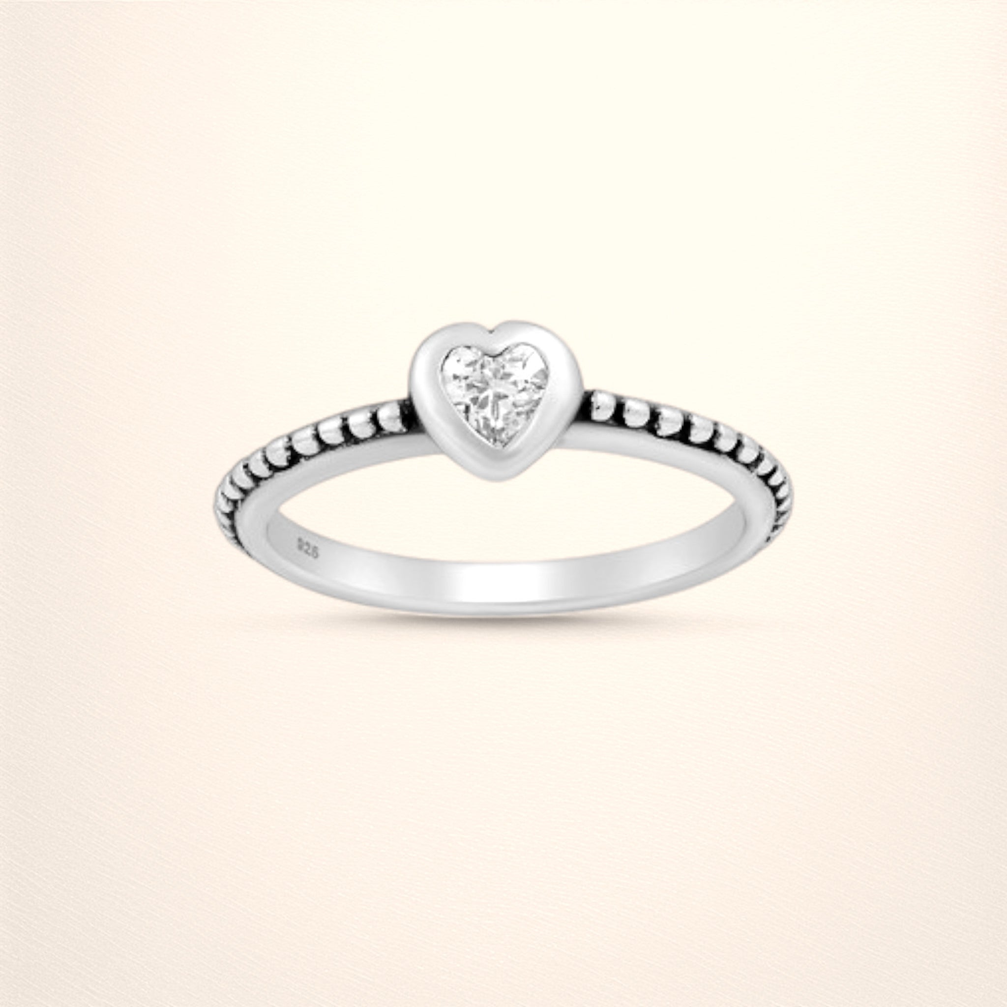 Sterling Silver Oxidized Heart Ring, Decorated with CZ Diamond