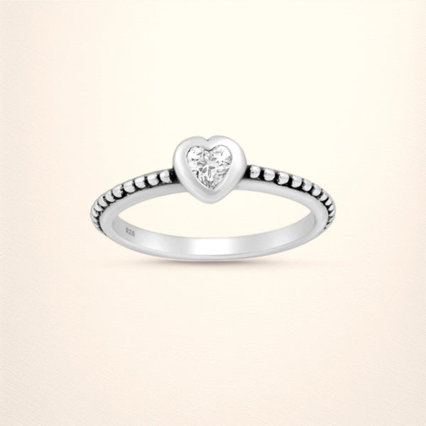 Sterling Silver Oxidized Heart Ring, Decorated with CZ Diamond