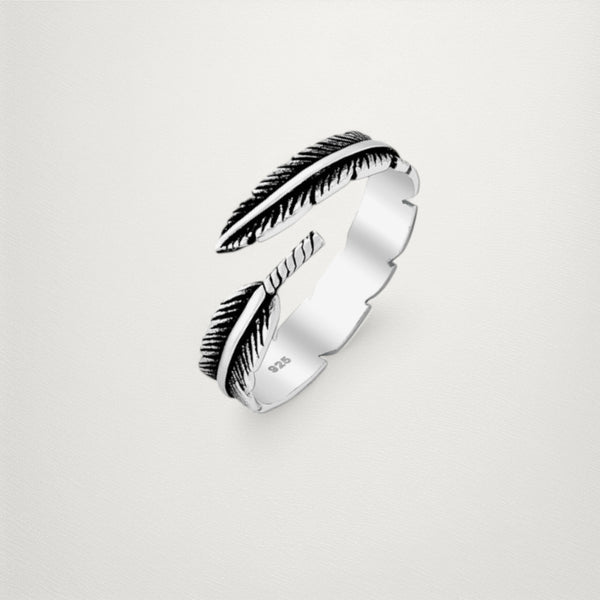 Sterling Silver Adjustable Oxidized Feather Ring