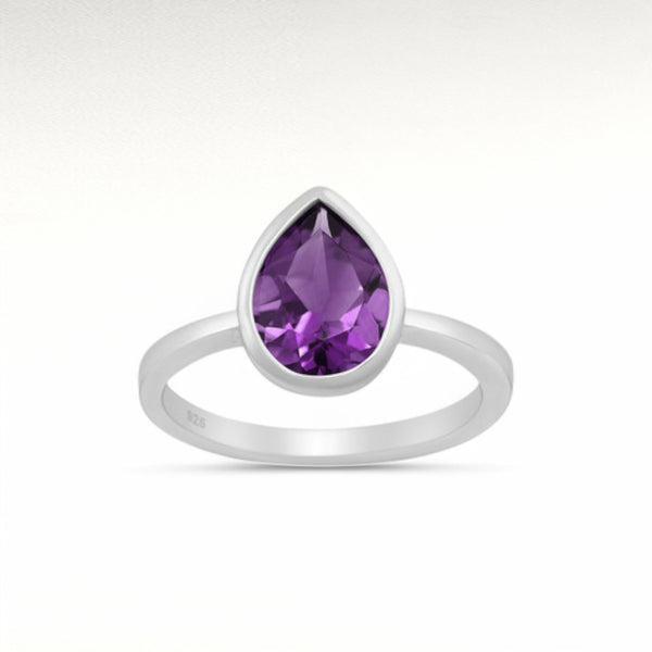 Sterling Silver Solitaire Amethyst Droplet Ring