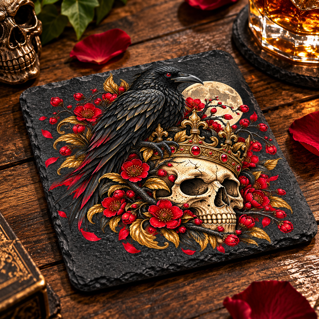 Natural slate coaster featuring a black raven perched above a crowned skull, surrounded by crimson flowers, gold decoration and a full moon.