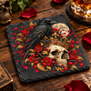Natural slate coaster featuring a black raven perched above a crowned skull, surrounded by crimson flowers, gold decoration and a full moon.