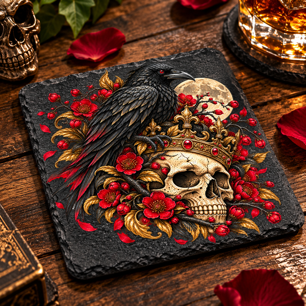 Natural slate coaster featuring a black raven perched above a crowned skull, surrounded by crimson flowers, gold decoration and a full moon.