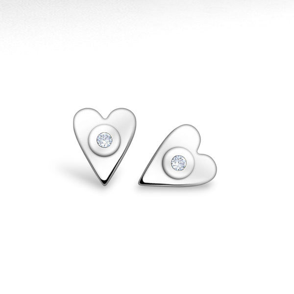 Sterling Silver Heart Stud-Back Heart & CZ Diamonds Earrings