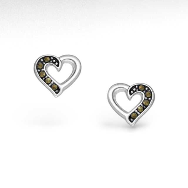 Sterling Silver Heart Push-Back Earrings Decorated With Marcasite