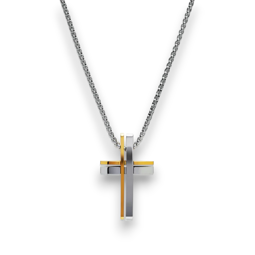 Steel with Gold Cross Necklace