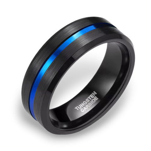 Tungsten Ring with Blue Centre Groove