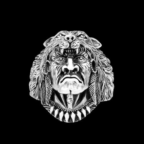 Sterling Silver Oxidized Indian Head and Lion Ring