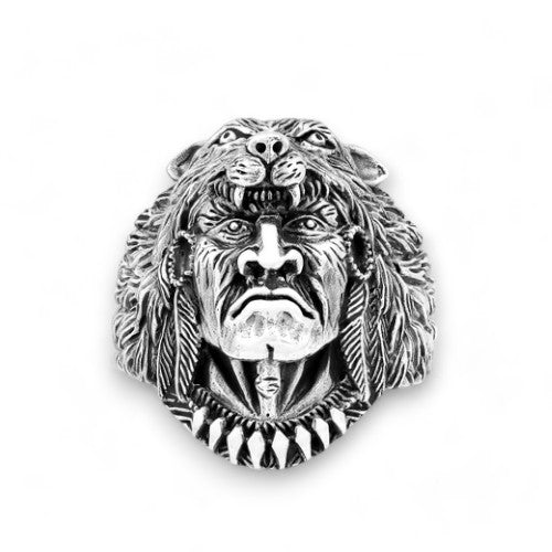 Sterling Silver Oxidized Indian Head and Lion Ring