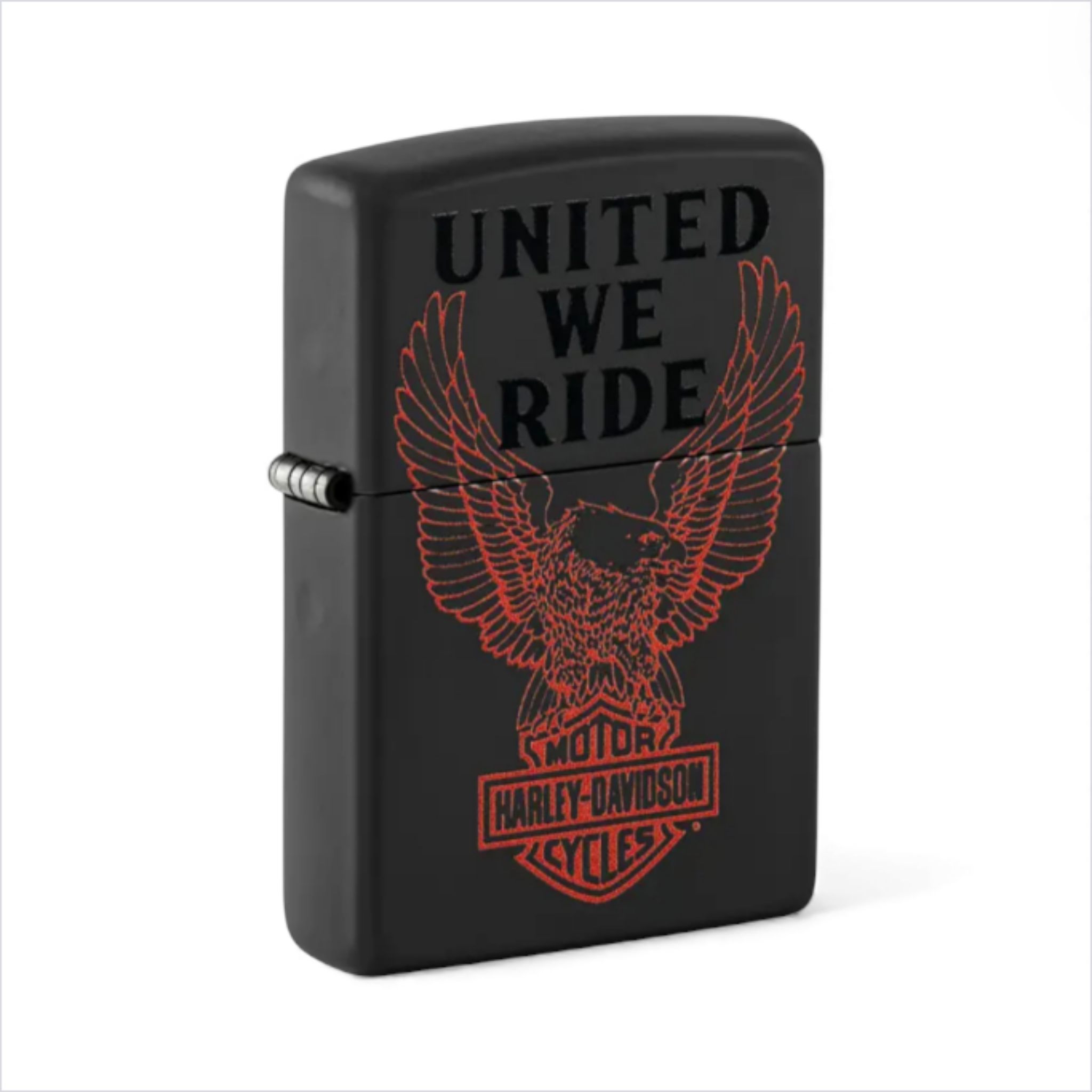 Black lighter with red 'United We Ride' and Harley-Davidson logo on a white background