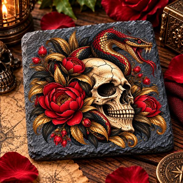 Gothic slate coaster featuring a cracked ivory skull entwined with a red, black and gold serpent, surrounded by crimson flowers and golden foliage.