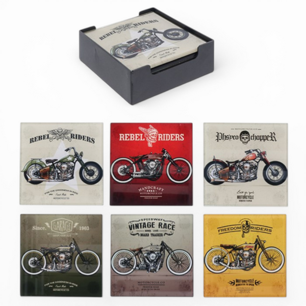 Set of motorcycle-themed coasters with a box on a white background