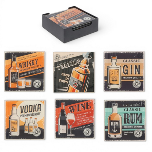 Set of six alcohol-themed coasters with packaging on a white background