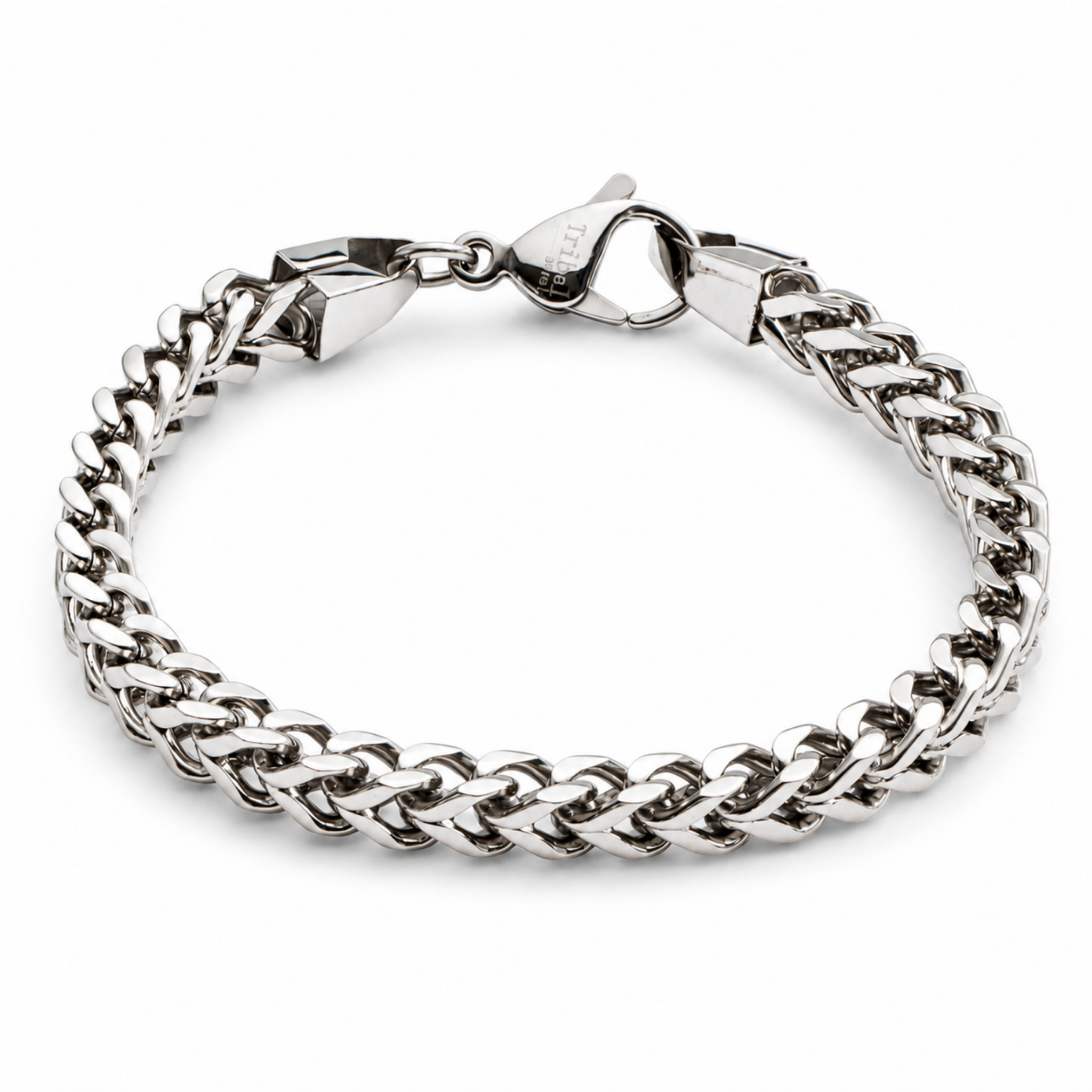Stainless steel 5mm wheat chain bracelet with an intricate woven link design and secure clasp. Shipped from St Ives, Cornwall.