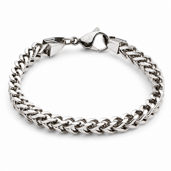 Stainless steel 5mm wheat chain bracelet with an intricate woven link design and secure clasp. Shipped from St Ives, Cornwall.