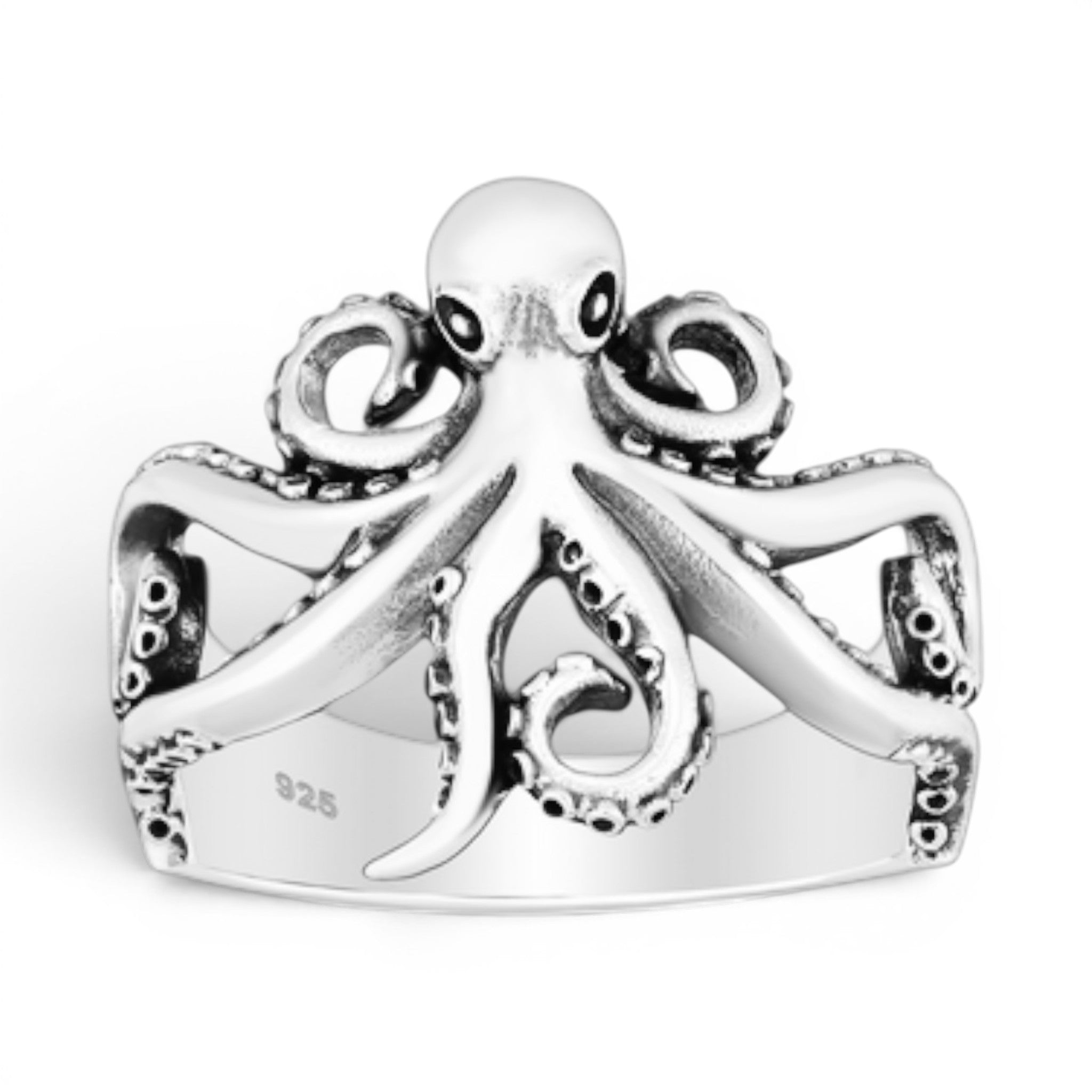 Sterling silver octopus ring on a white background