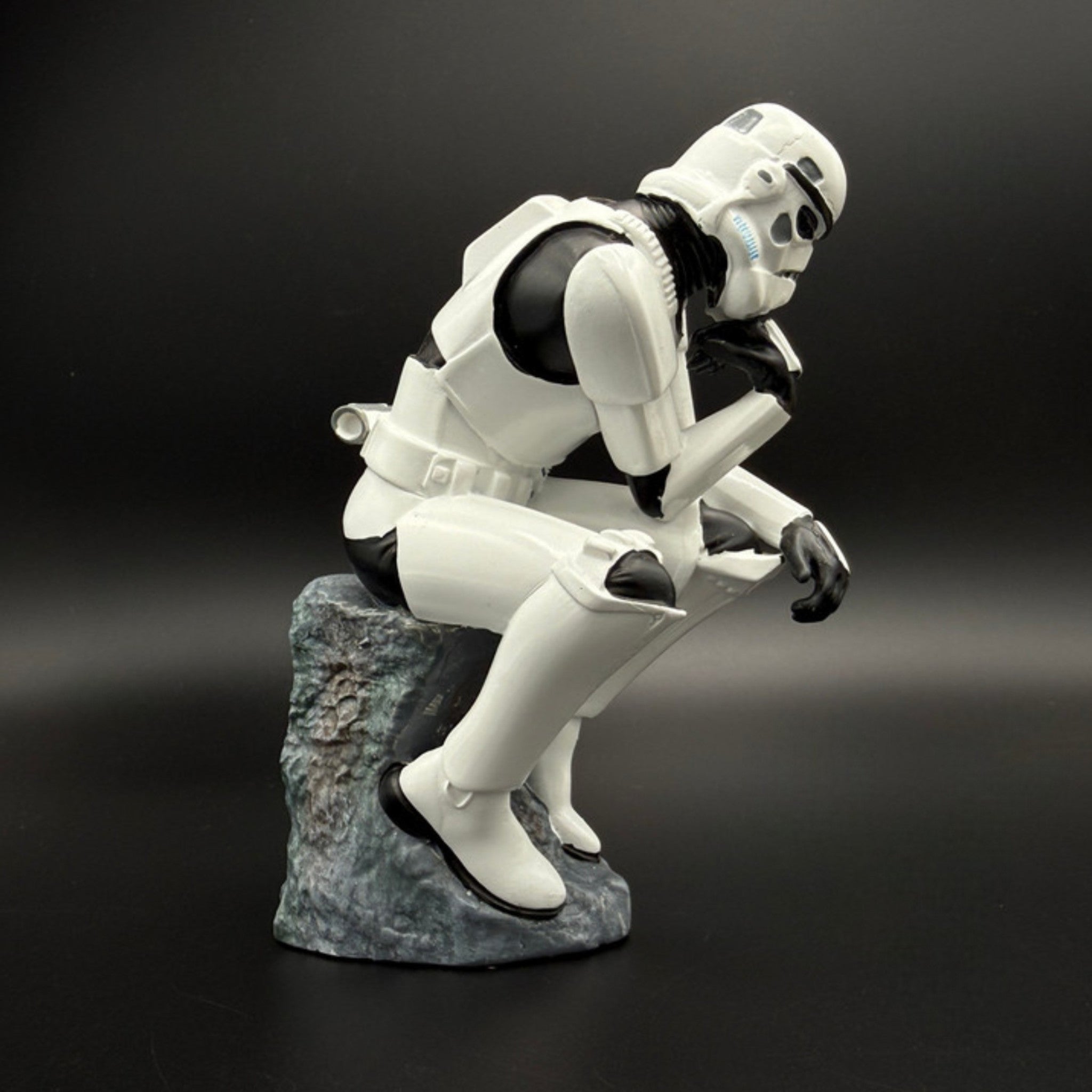 Stormtrooper The Overthinker figurine right side view showing iconic thinker pose and hand painted detail