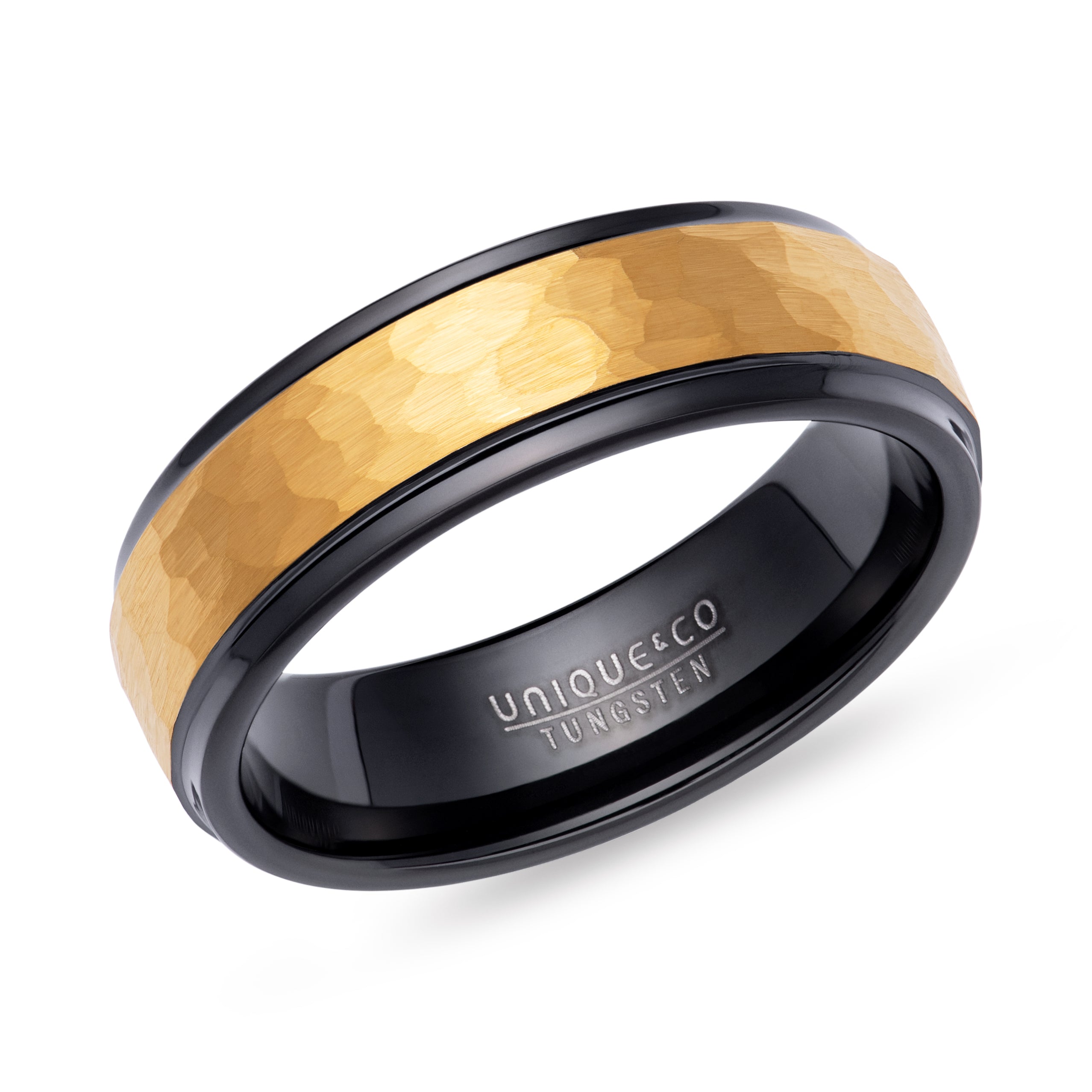 Black & Yellow Hammered Tungsten Ring