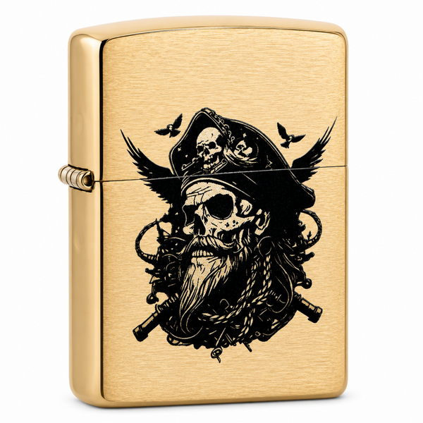 Zippo Brushed Brass windproof lighter with black pirate skull design