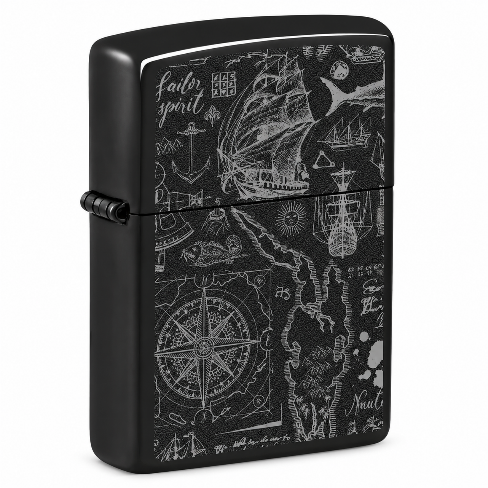Zippo High Polish Black windproof lighter with nautical ships maps and compass design