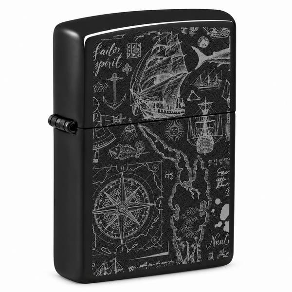 Zippo High Polish Black windproof lighter with nautical ships maps and compass design