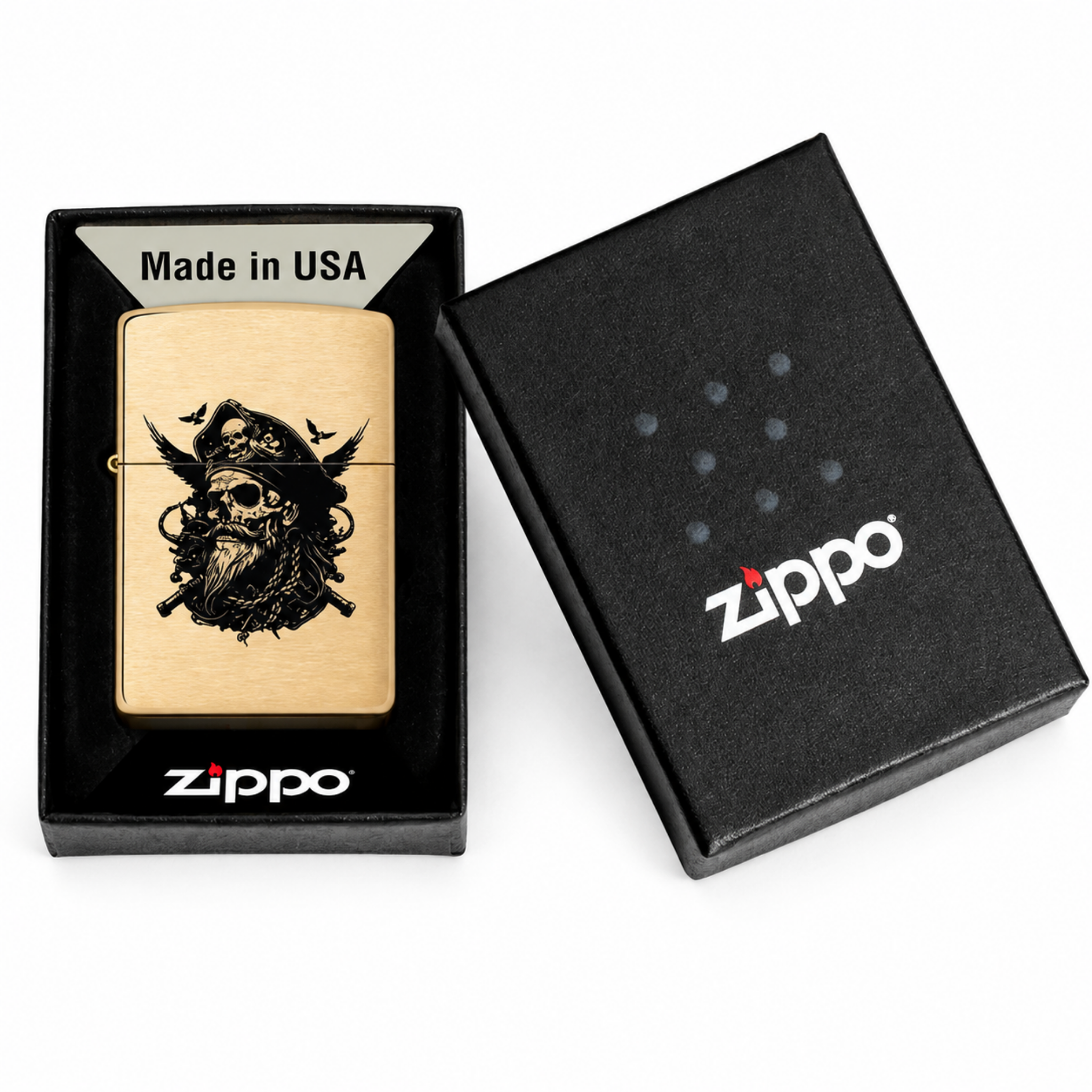 Zippo Brushed Brass pirate skull lighter presented with genuine Zippo gift box