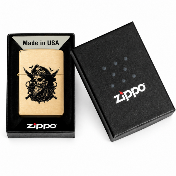 Zippo Brushed Brass pirate skull lighter presented with genuine Zippo gift box