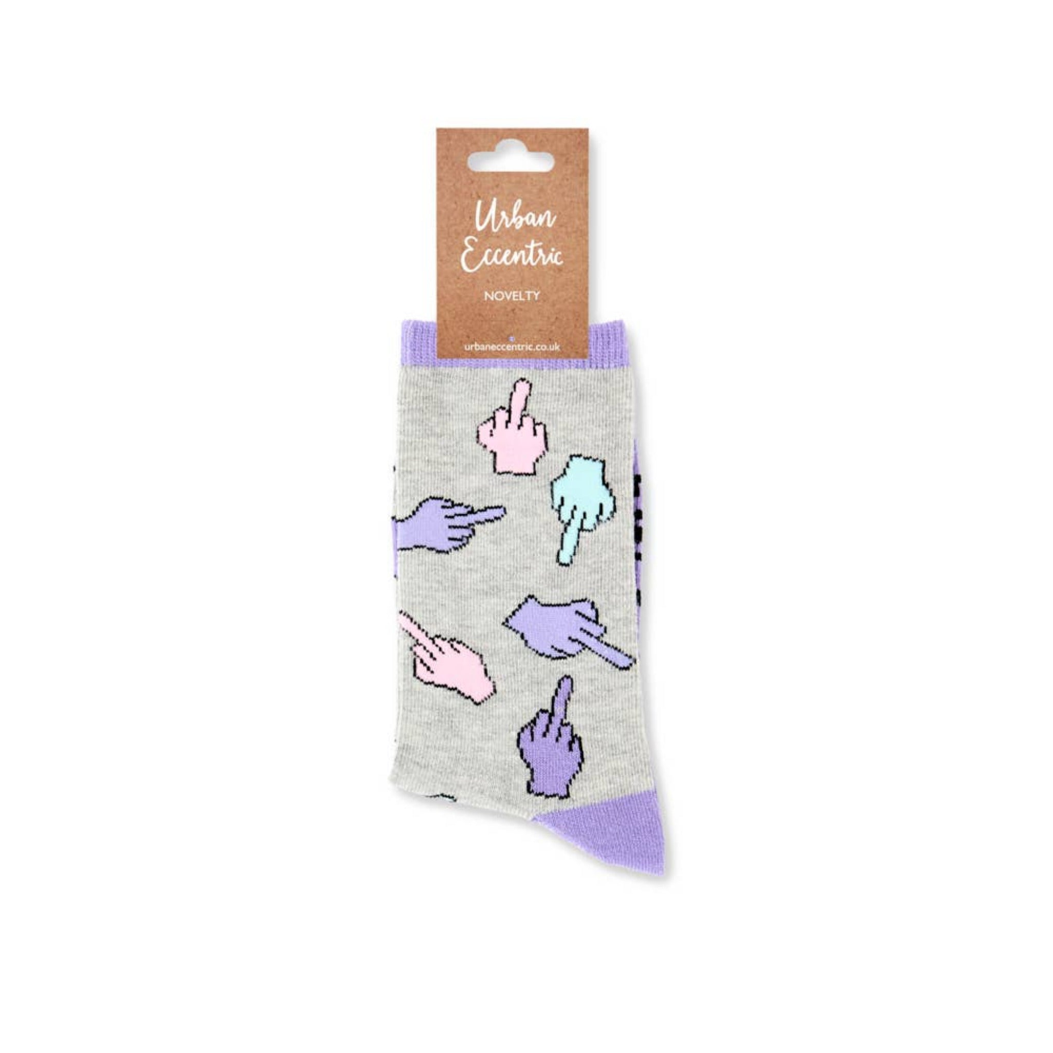 Purple novelty patterned socks shown with retail tag attached