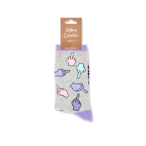 Purple novelty patterned socks shown with retail tag attached
