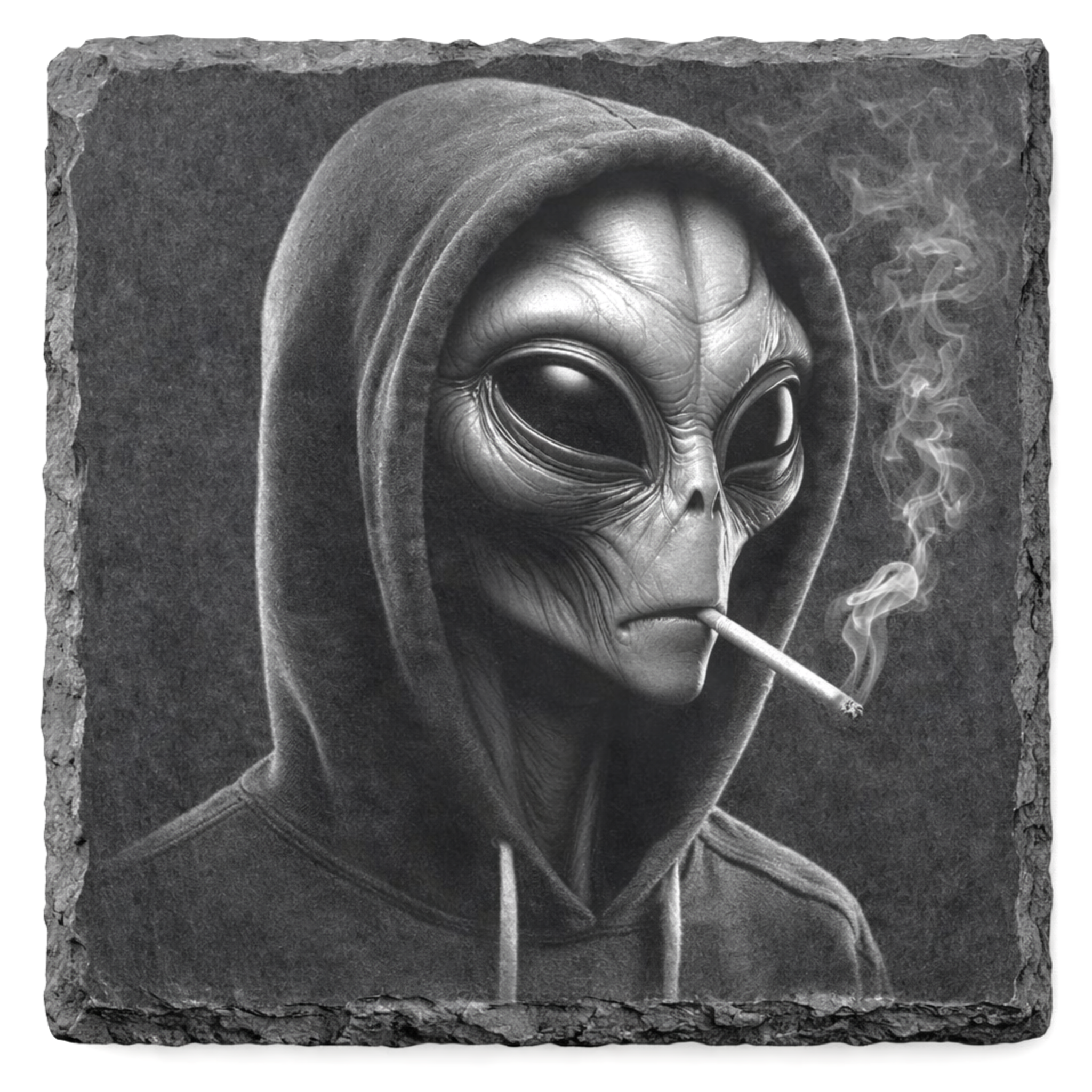 Laser engraved alien in hoodie slate coaster with detailed sci fi artwork
