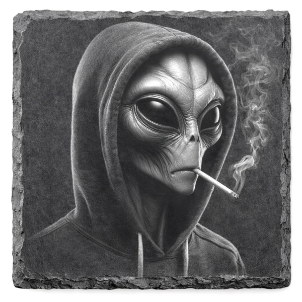 Laser engraved alien in hoodie slate coaster with detailed sci fi artwork