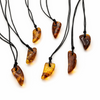 Selection of natural amber tooth pendants on black cords showing variation in shape colour and markings on a clean white background