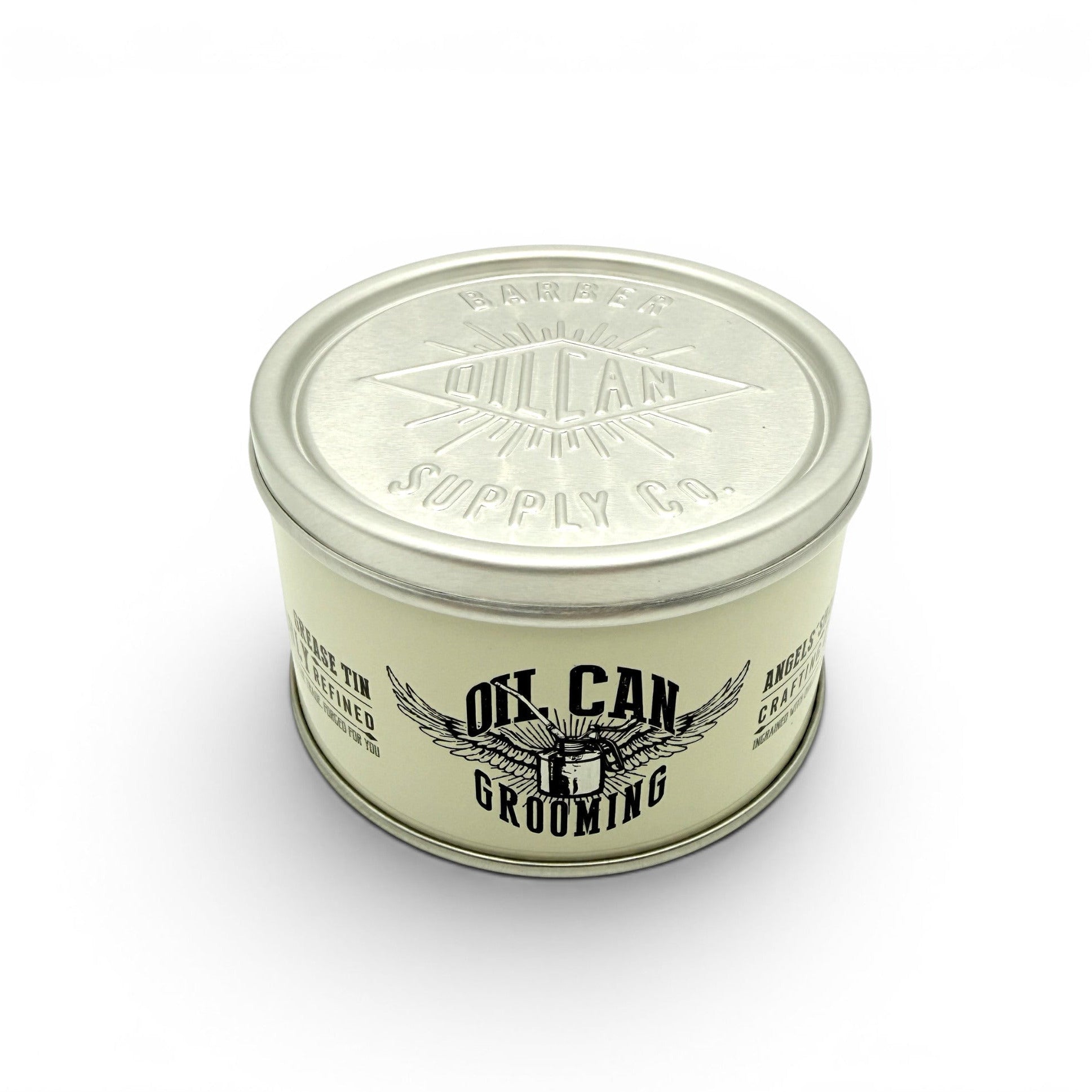 Angel’s Share Crafting Clay tin with vintage style Oil Can Grooming branding on white background