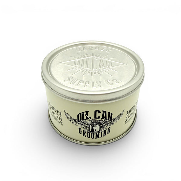 Angel’s Share Crafting Clay tin with vintage style Oil Can Grooming branding on white background