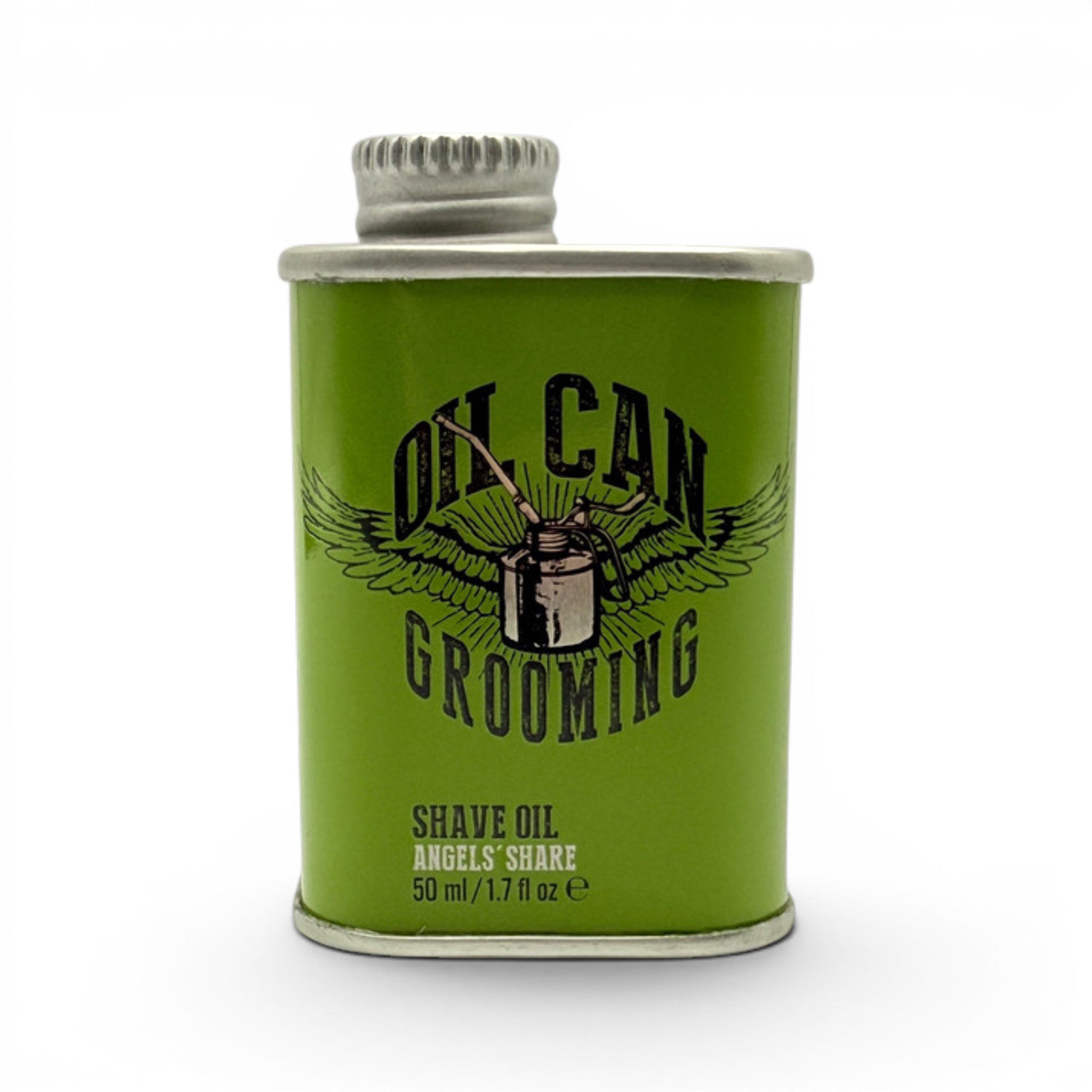 Angel’s Share shave oil in vintage oil can style bottle on white background