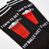 close up of I Came To Get My Balls Wet socks showing pint design and text